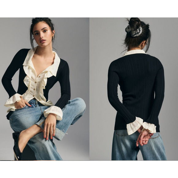 Anthropologie Tops - Anthropologie X Ruffle-Front Cardigan Top Black & White Size M